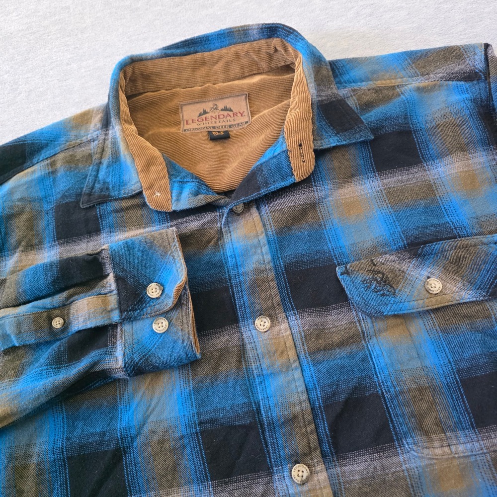 Legendary Whitetails Mens XLT Blue Brown Plaid Flannel Shirt Corduroy Collar